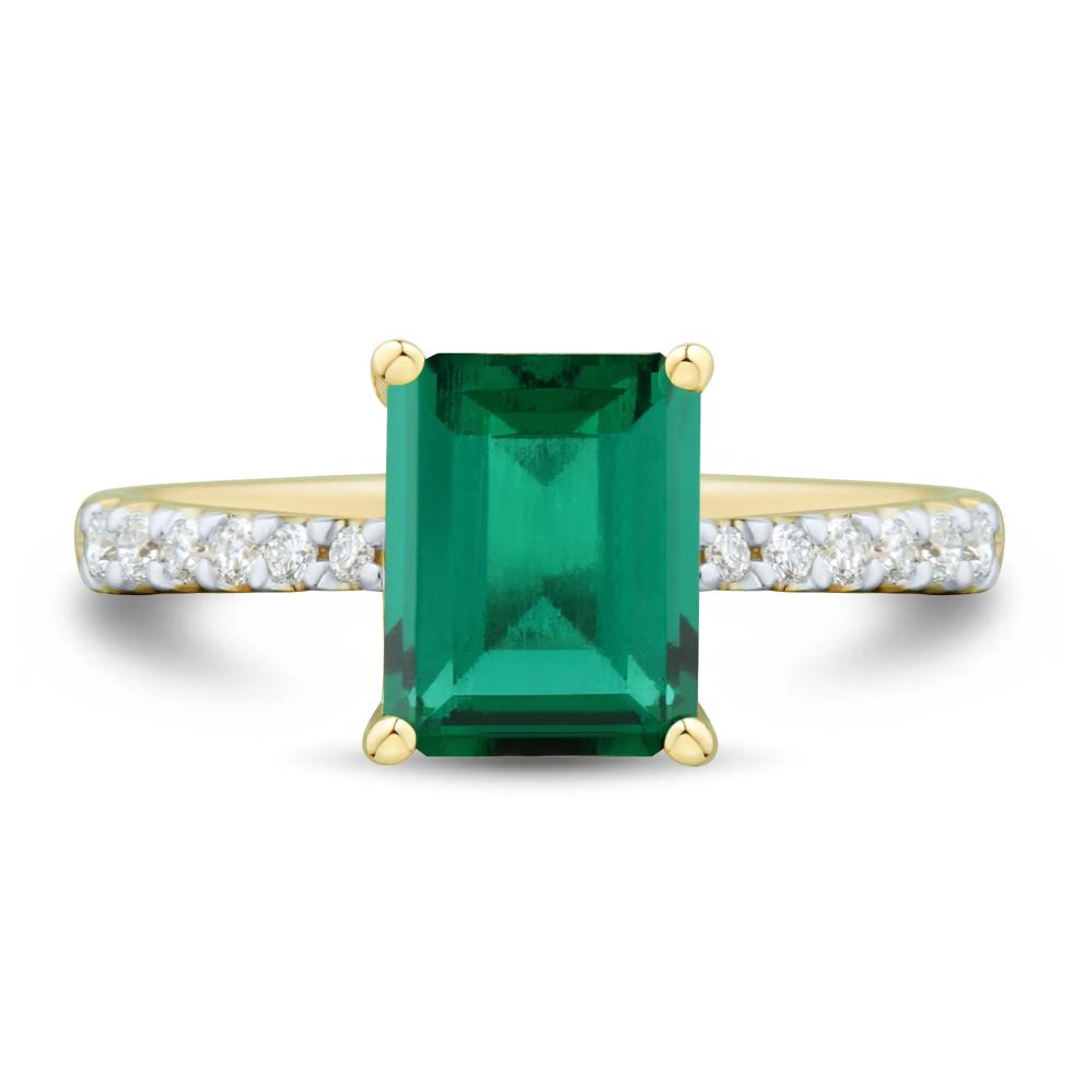 Lab-Created Emerald and Lab Grown Diamond Ring in 10K Yellow Gold (1/5 ct. tw.) – Image 1 of 3