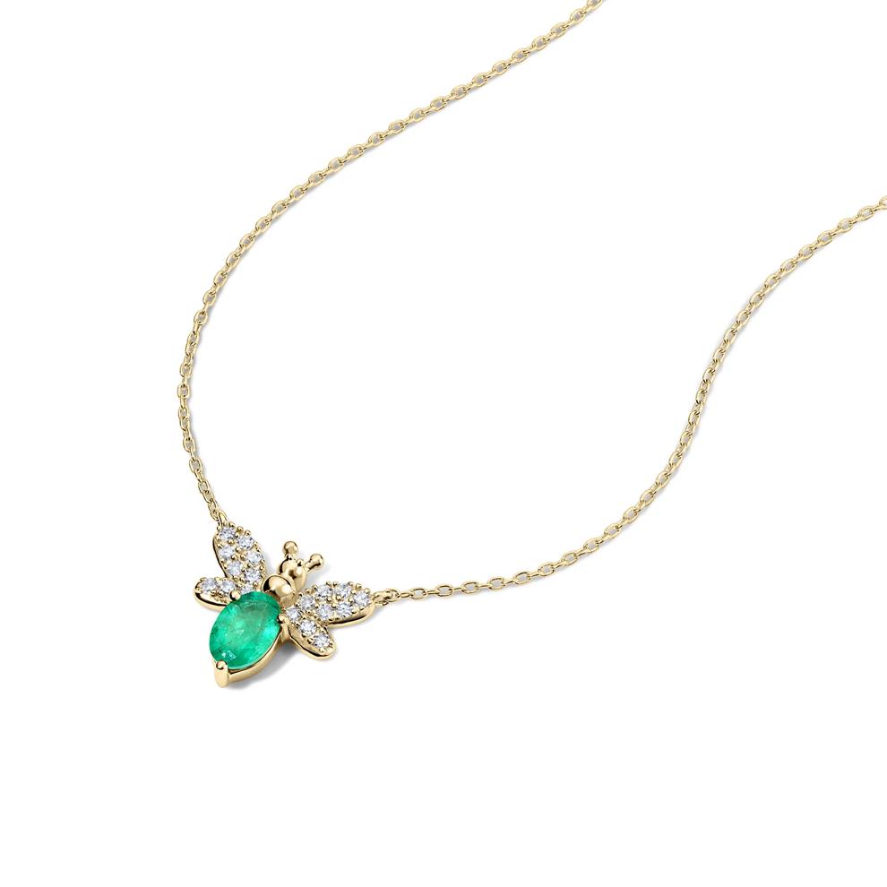 Emerald &amp; Diamond Bumblebee Pendant Necklace in 10K Yellow Gold (1/8 ct. tw.) – Image 4 of 4
