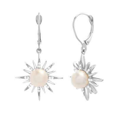 Freshwater Cultured Pearl & Diamond Starburst Drop Earrings in Sterling Silver (1/10 ct. tw.)