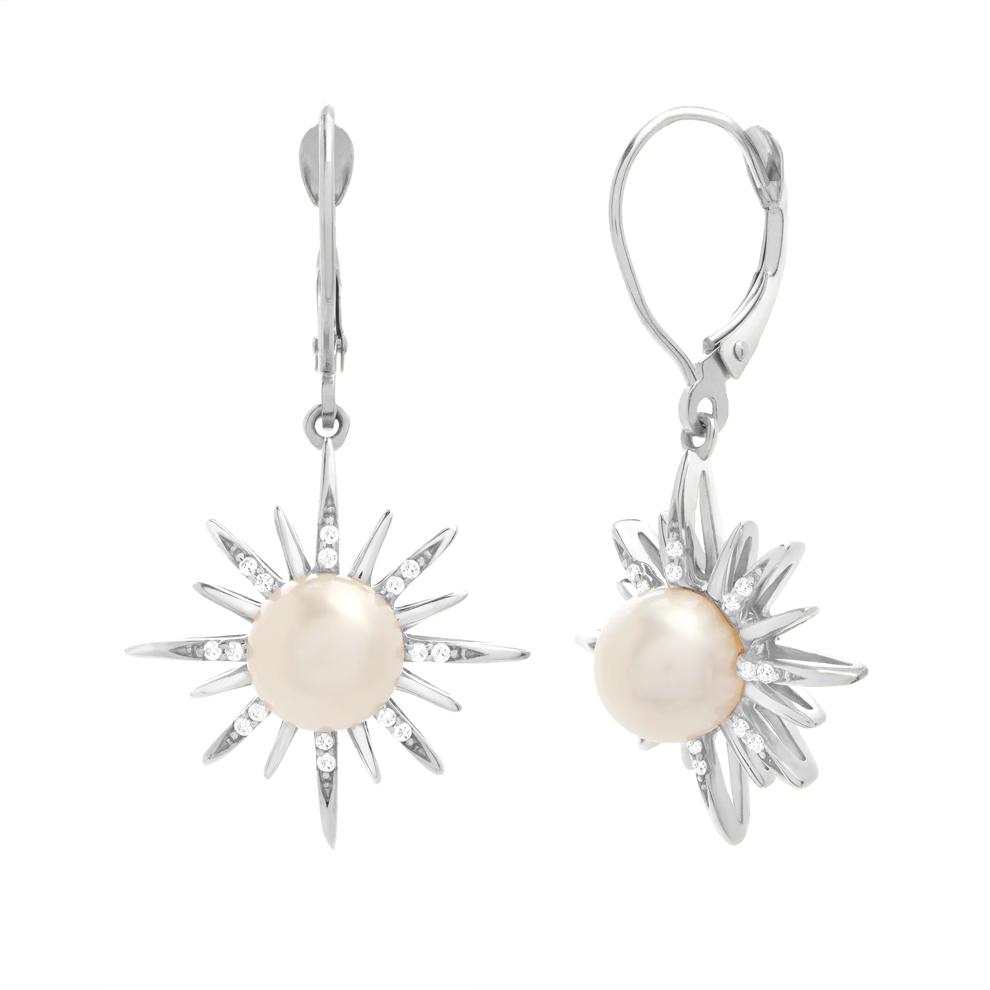Freshwater Cultured Pearl &amp; Diamond Starburst Drop Earrings in Sterling Silver (1/10 ct. tw.) – Image 1 of 1