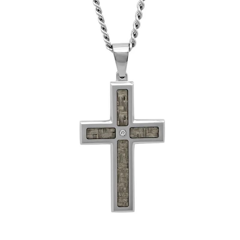 Men&#39;s Diamond Cross Pendant in Stainless Steel &amp; Carbon Fiber – Image 1 of 2