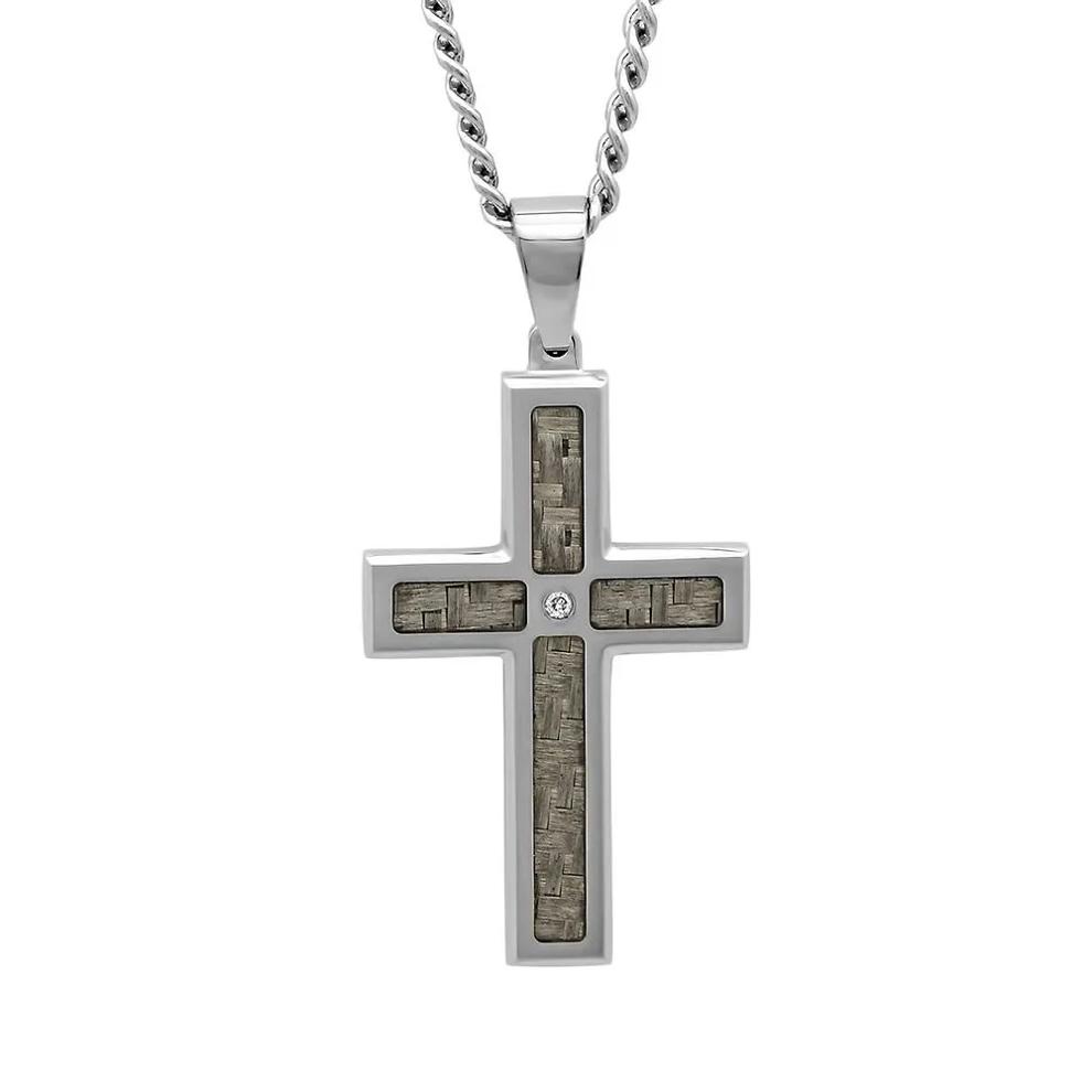 Men's Diamond Cross Pendant in Stainless Steel &amp; Carbon Fiber – Image 1 of 2