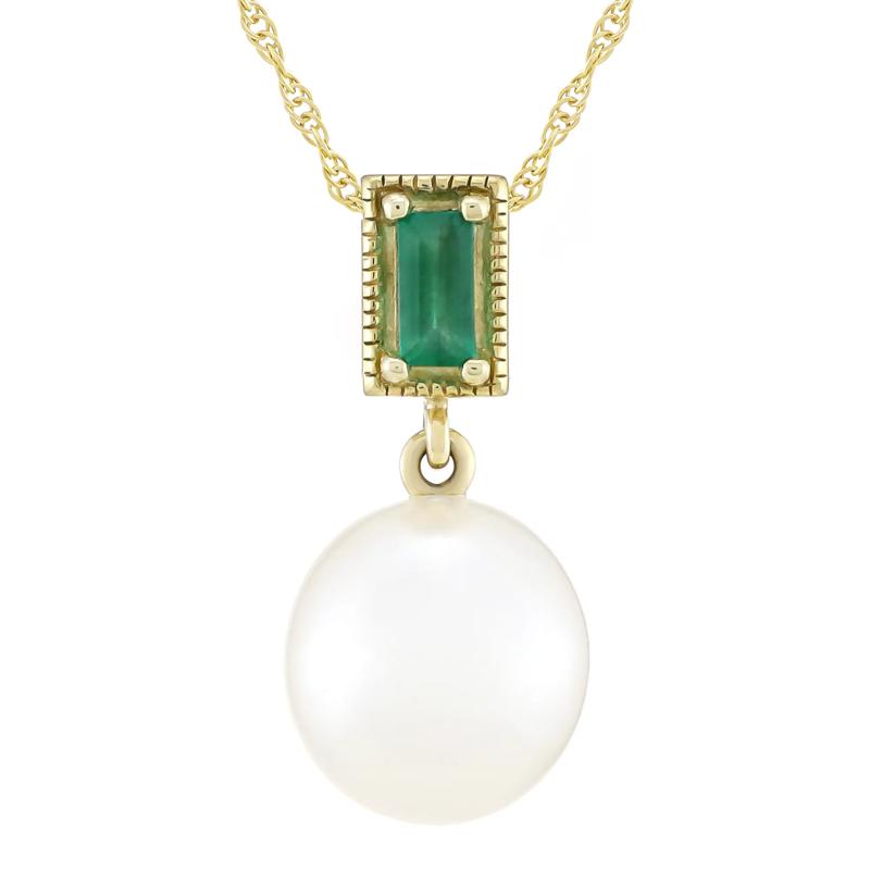 Freshwater Cultured Pearl and Emerald Pendant in 10K Yellow Gold – Image 1 of 3