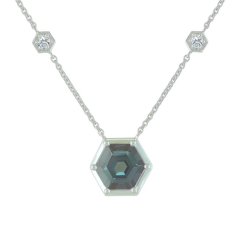 Lab-Created Alexandrite and Diamond Hexagon Necklace in 10K White Gold &#40;1/10 ct. tw.&#41; – Image 1 of 2
