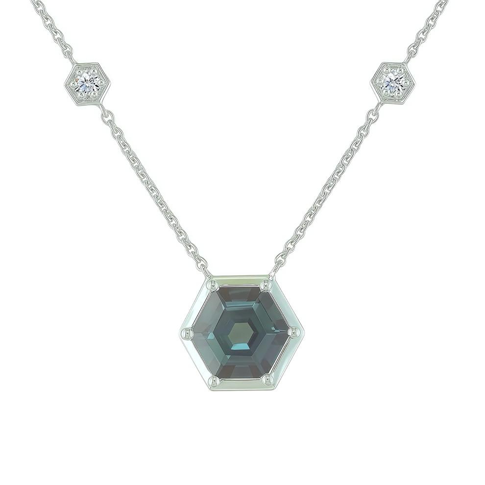 Lab-Created Alexandrite and Diamond Hexagon Necklace in 10K White Gold (1/10 ct. tw.) – Image 1 of 2