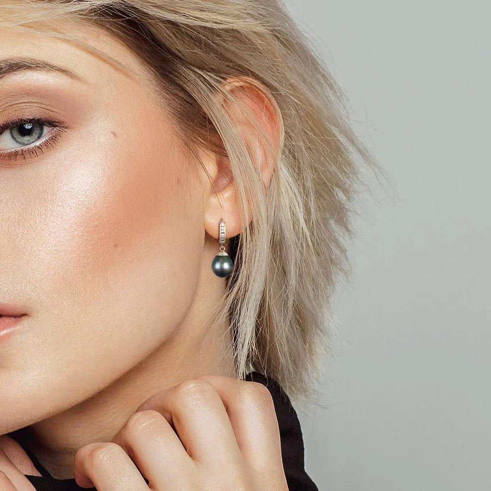 Black Tahitian Pearl Drop Earrings in 14K White Gold – Image 4 of 4