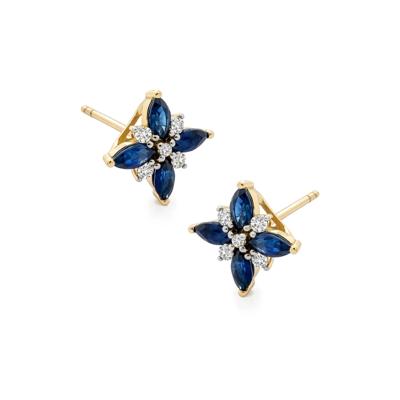 Blue Sapphire & Diamond Floral Stud Earrings in 10K Yellow Gold (1/10 ct. tw.)