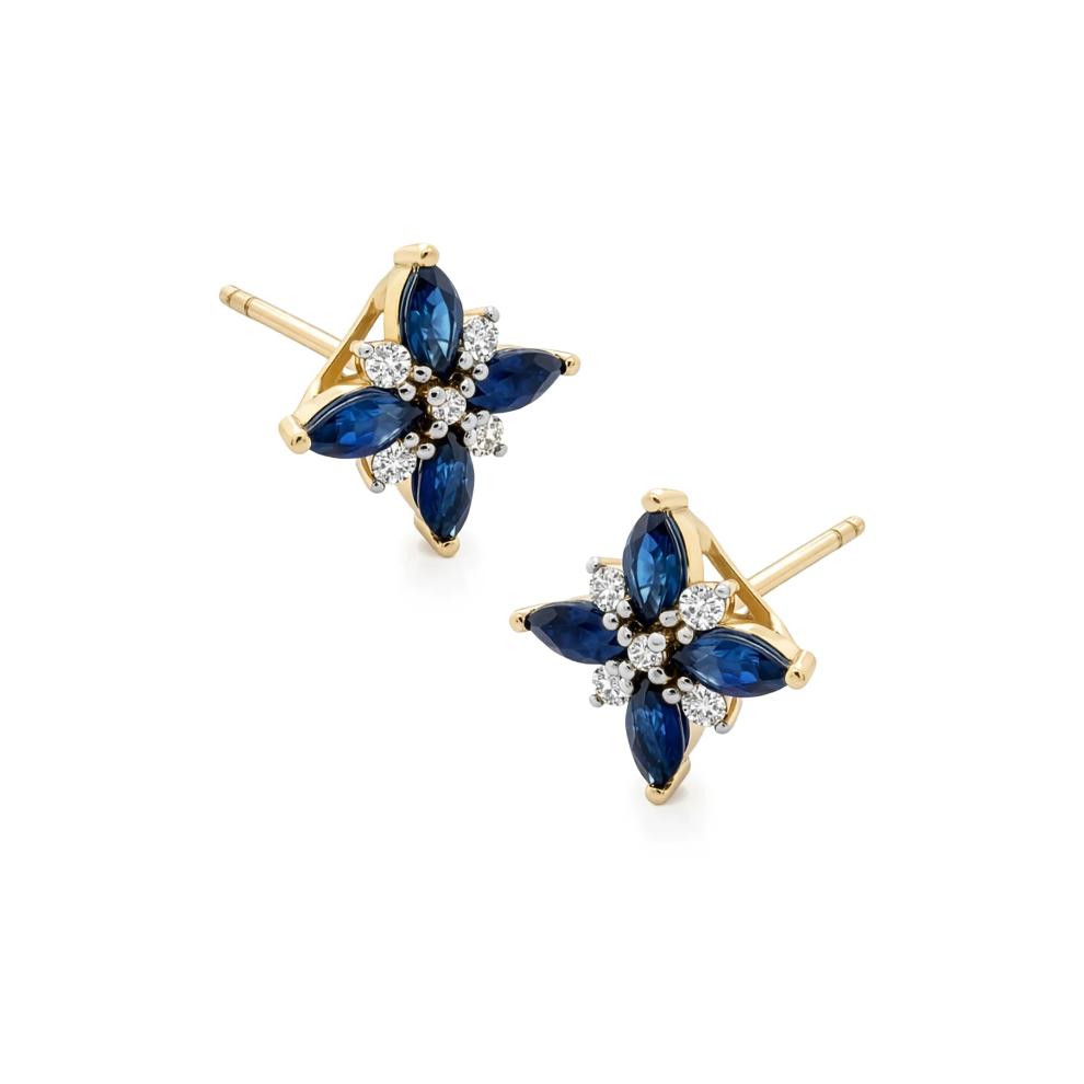 Blue Sapphire &amp; Diamond Floral Stud Earrings in 10K Yellow Gold (1/10 ct. tw.) – Image 1 of 2