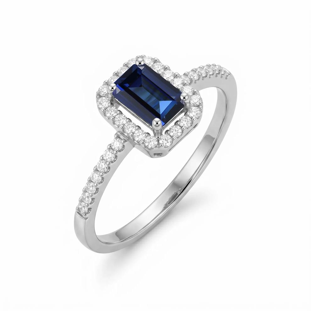 Blue Sapphire &amp; Diamond Halo Ring in 10K White Gold (1/5 ct. tw.) – Image 4 of 4