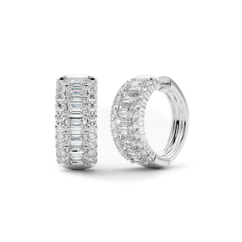 Lab Grown Diamond Emerald-Cut and Round Huggie Hoops in 14K White Gold &#40;5 ct. tw.&#41; – Image 1 of 1