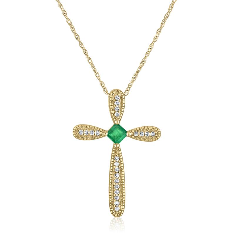 Emerald Cross Pendant in 14K Yellow Gold &#40;1/10 ct. tw.&#41; – Image 1 of 3