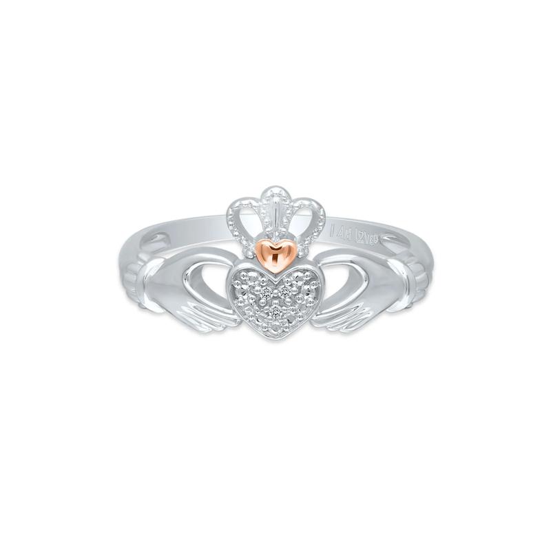 Diamond Claddagh Ring in Sterling Silver &amp; 14K Rose Gold – Image 1 of 3