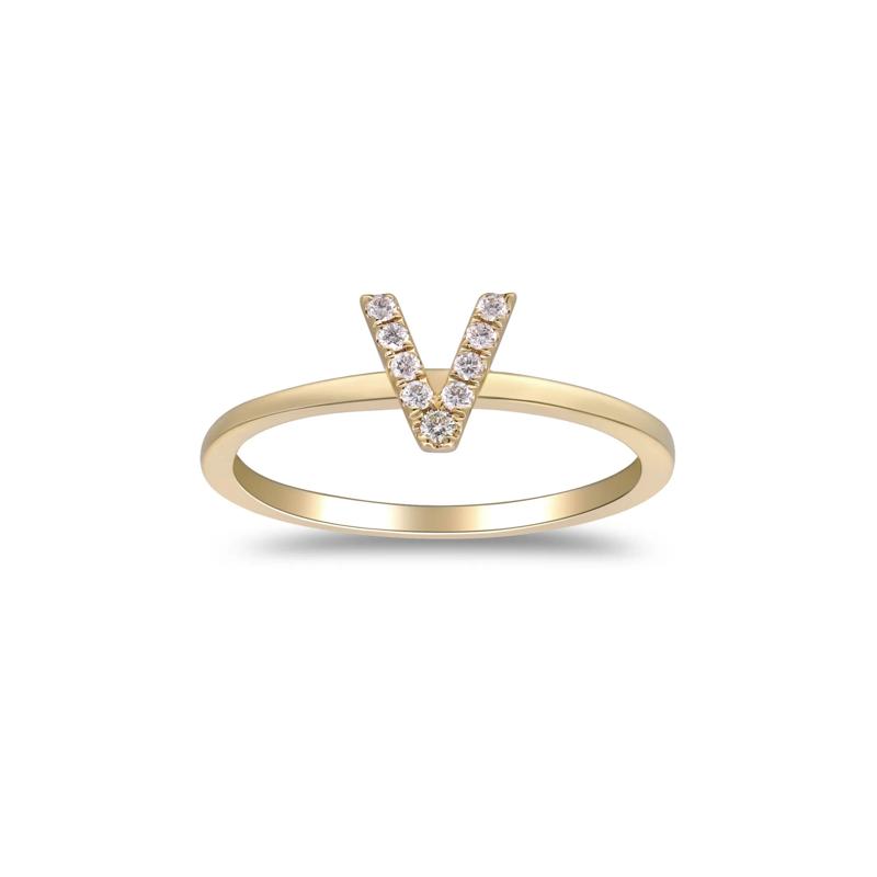 Diamond Accent &quot;V&quot; Initial Ring in 10K Yellow Gold – Image 1 of 5