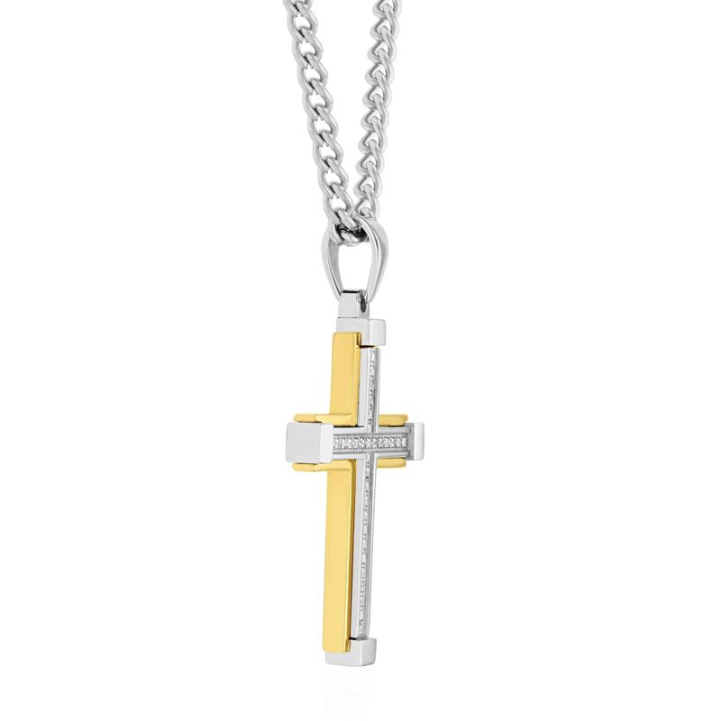 Men&#39;s Diamond Cross Pendant in White &amp; Yellow Stainless Steel &#40;1/7 ct. tw.&#41; – Image 2 of 3
