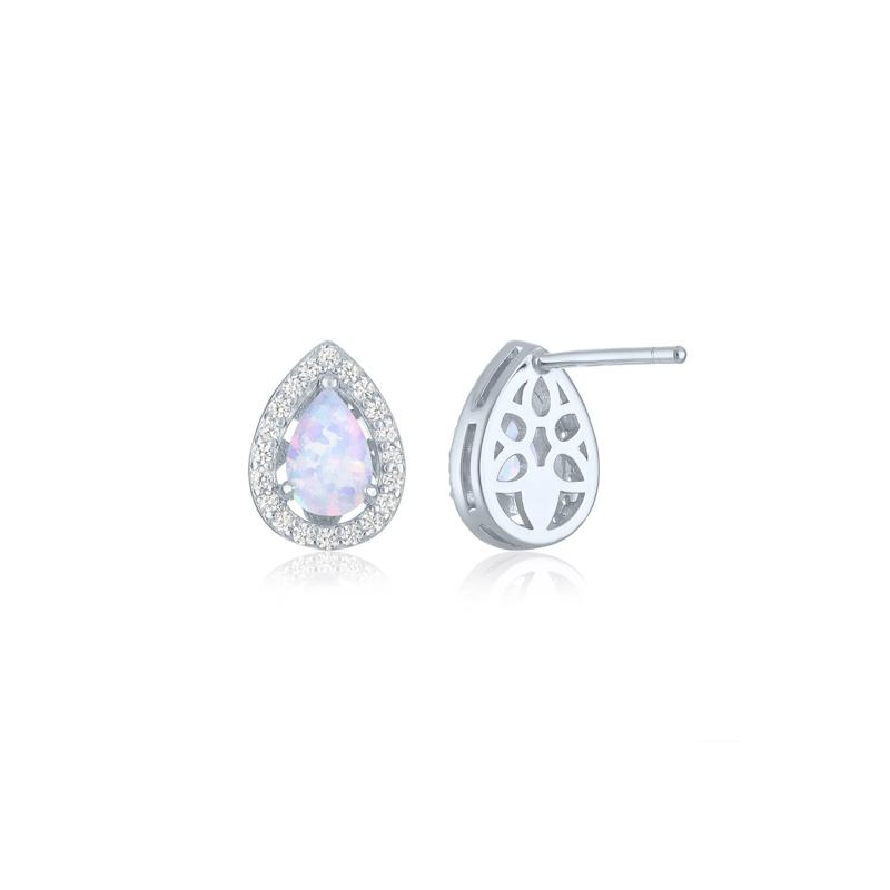 Lab-Created Pear-Shaped Opal &amp; Diamond Halo Stud Earrings in Sterling Silver &#40;1/5 ct. tw.&#41; – Image 2 of 2