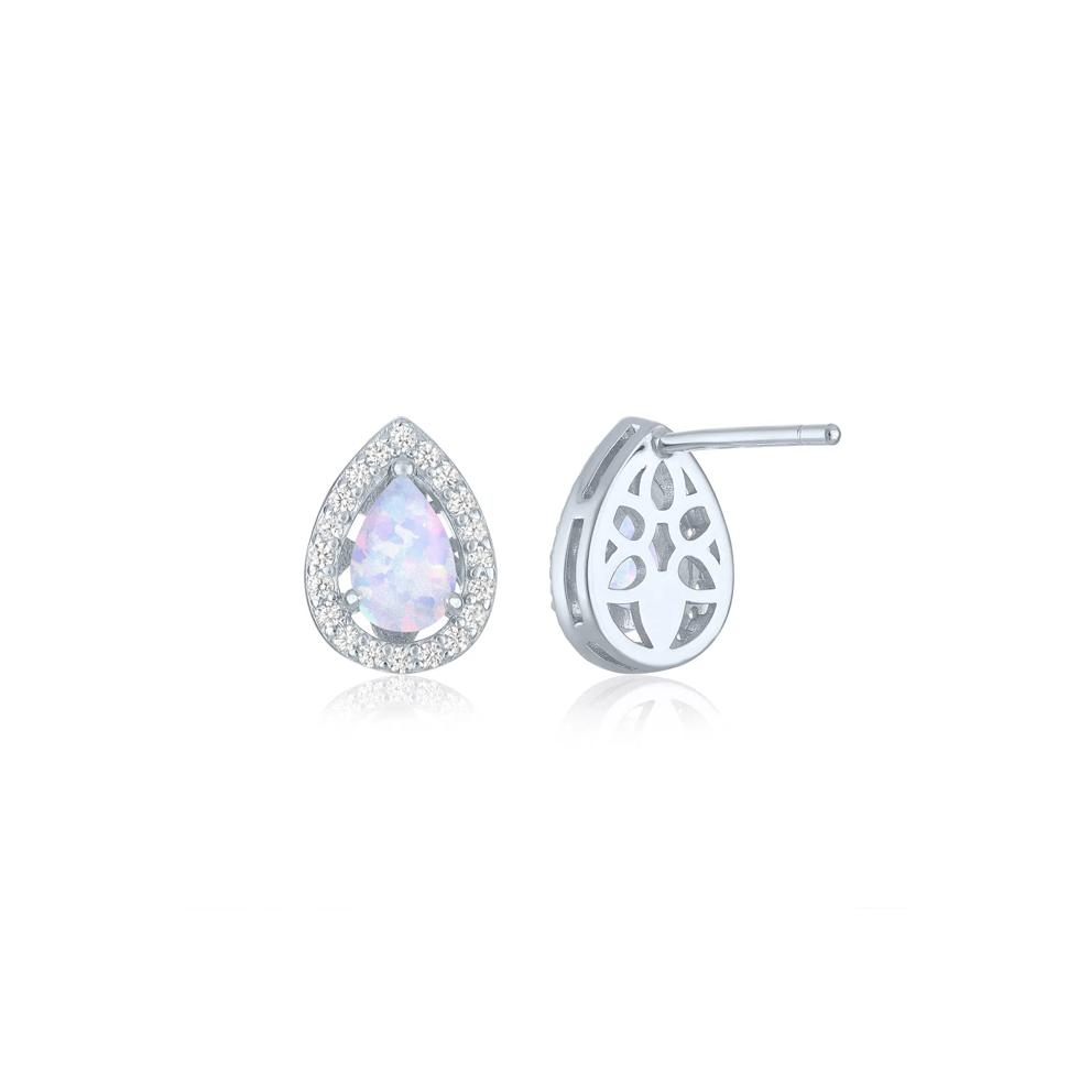 Lab-Created Pear-Shaped Opal &amp; Diamond Halo Stud Earrings in Sterling Silver (1/5 ct. tw.) – Image 2 of 2