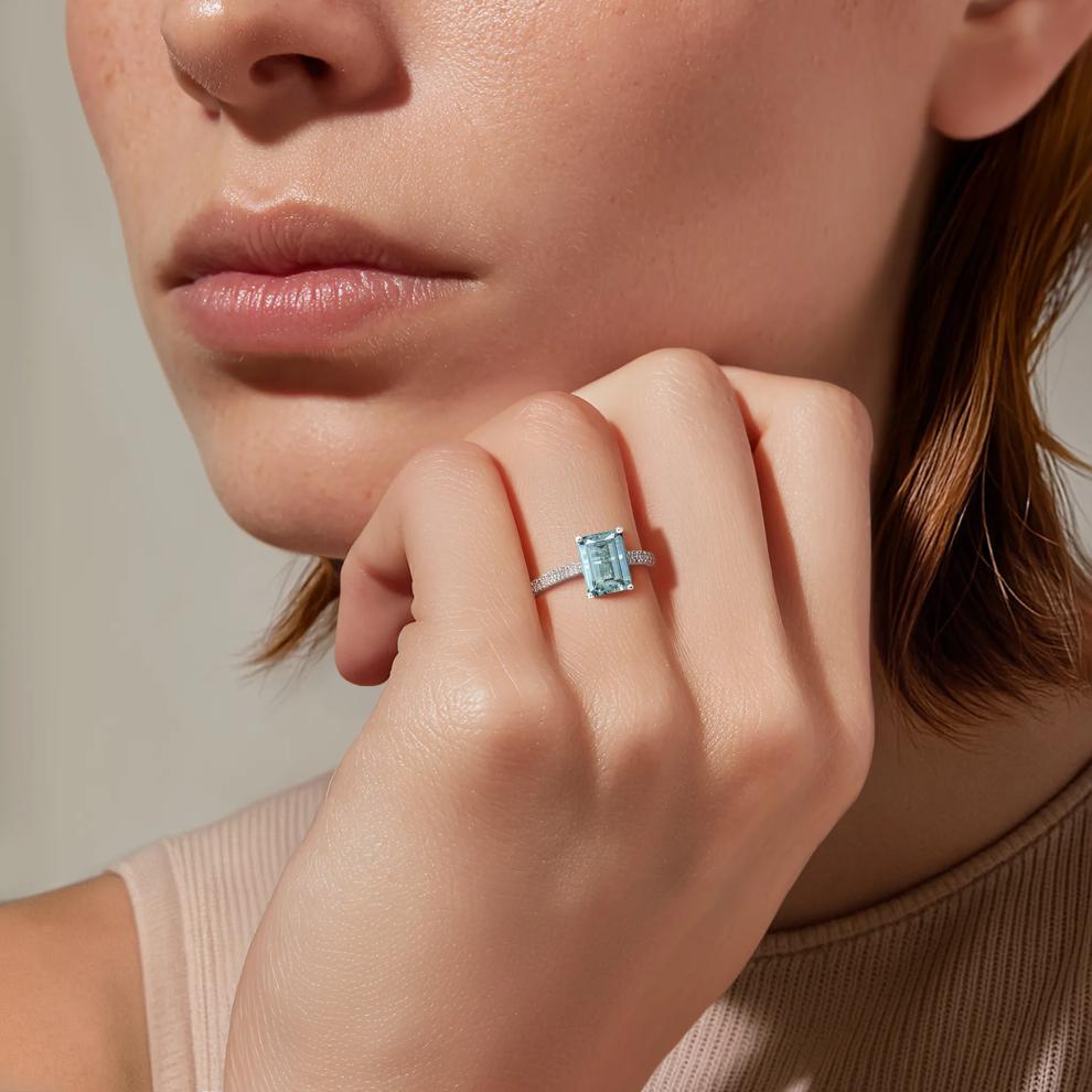 Emerald-Cut Aquamarine Ring with Diamond Side Stones in 14K White Gold (1/3 ct. tw.) – Image 4 of 4