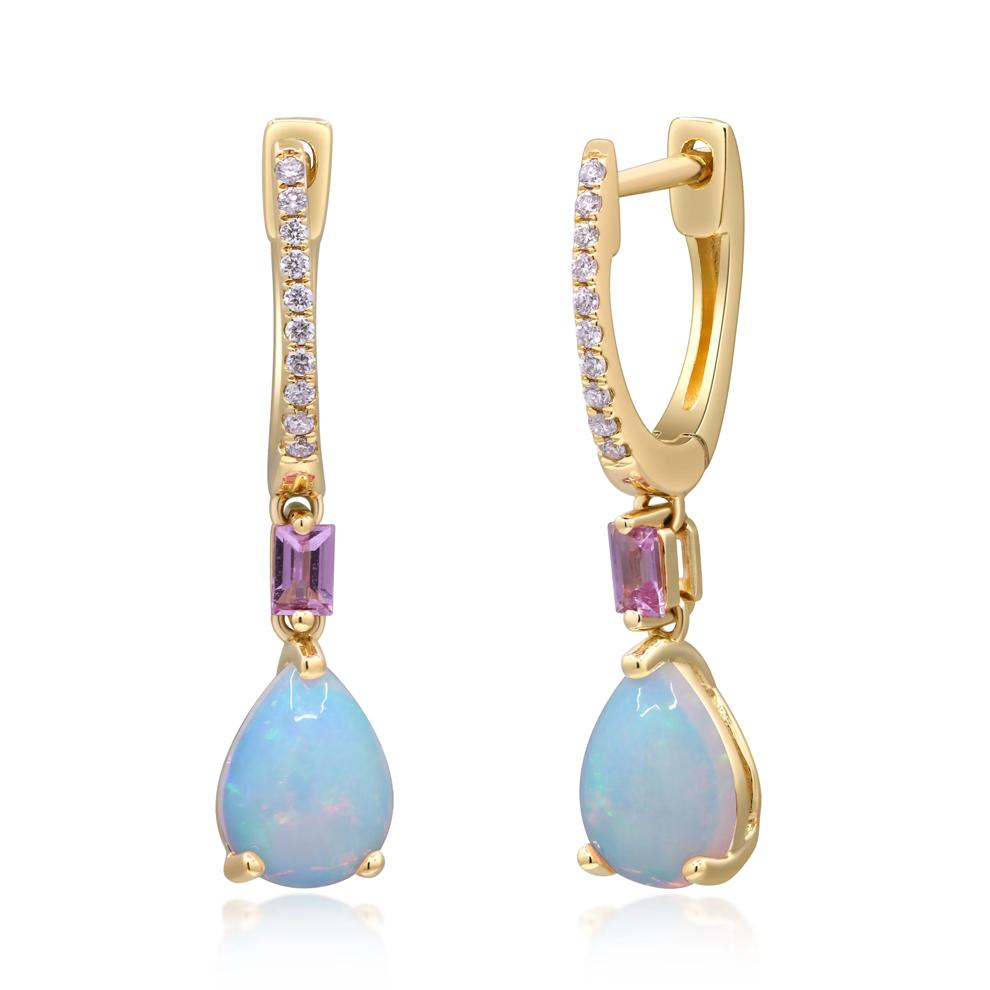 Opal, Pink Sapphire &amp; Diamond Accent Drop Hoop Earrings in 10K Yellow Gold – Image 1 of 3