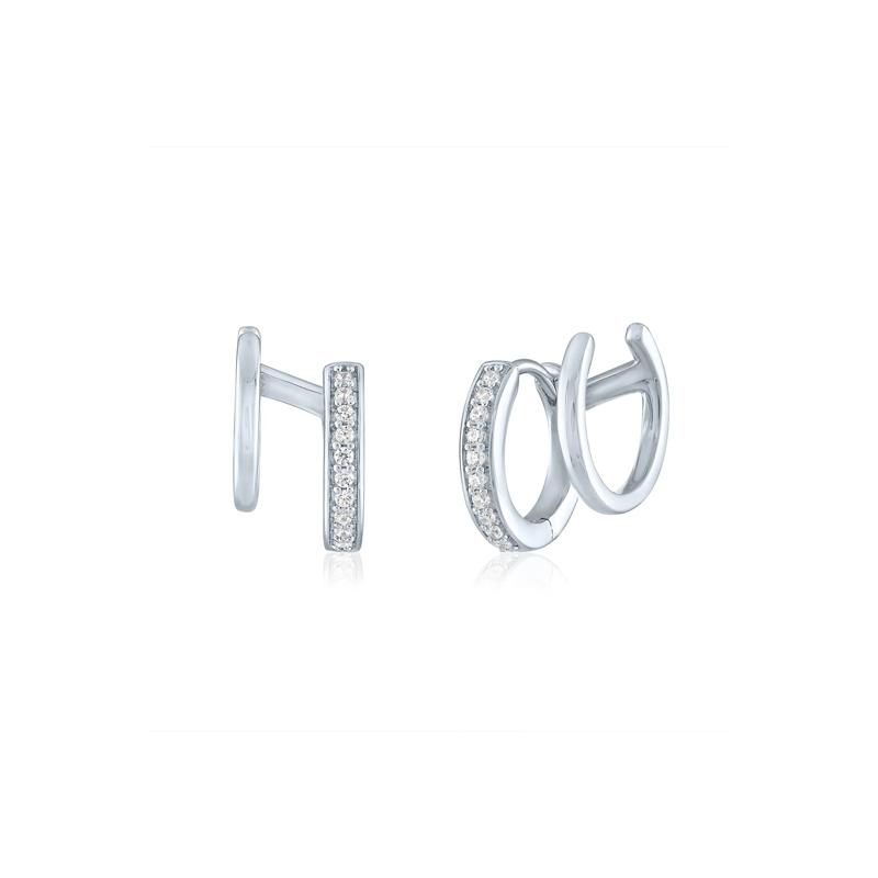 Double Hoop Huggie Earrings with Diamond Accents in Sterling Silver – Image 1 of 2