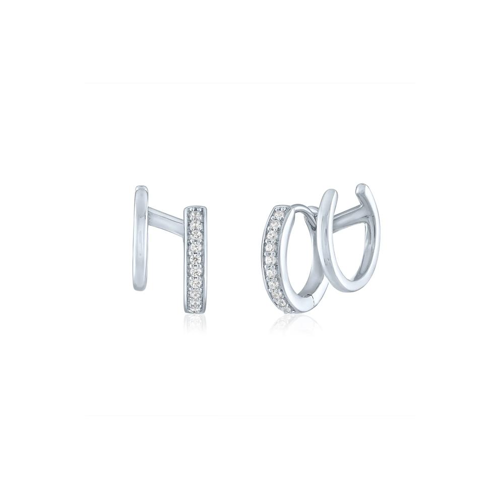 Double Hoop Huggie Earrings with Diamond Accents in Sterling Silver – Image 1 of 2