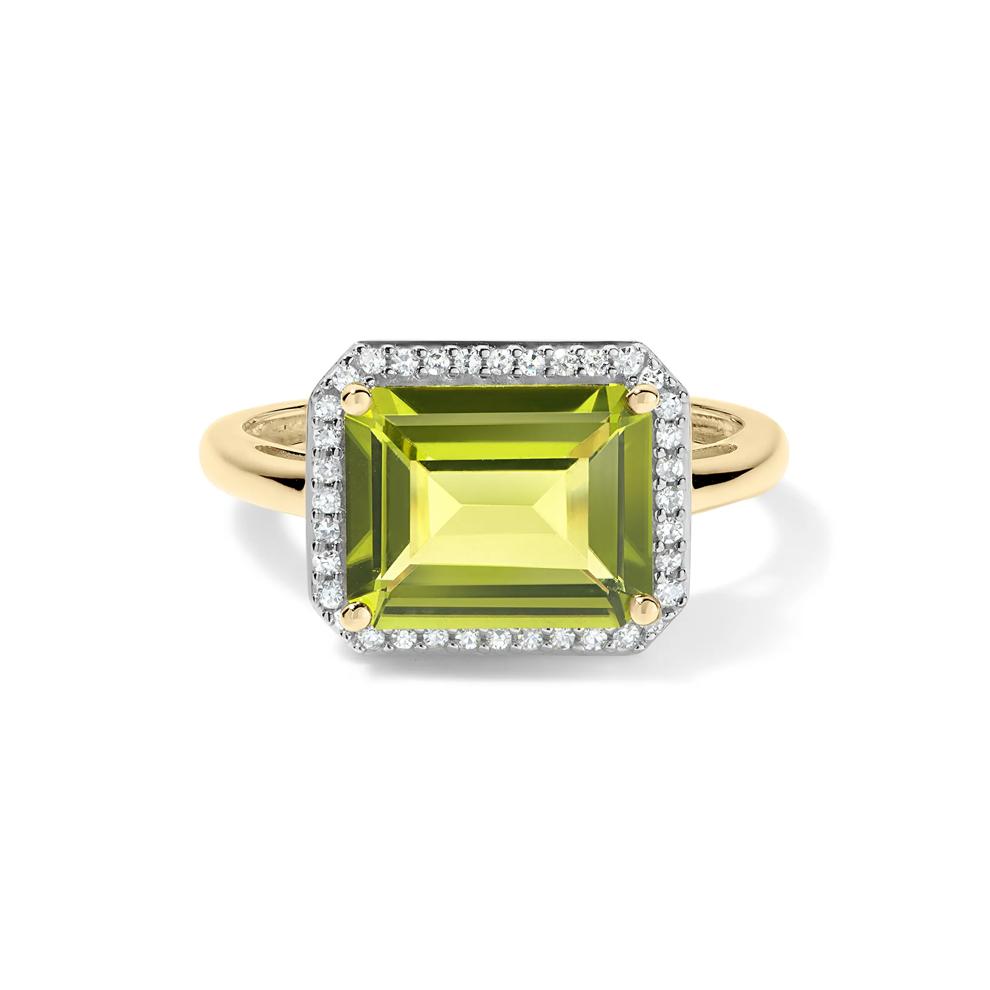 Emerald-Cut Peridot &amp; Diamond Halo Ring in 10K Yellow Gold (1/10 ct. tw.) – Image 1 of 4