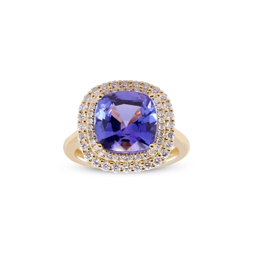 Tanzanite and Diamond Cushion Halo Ring in 18K Yellow Gold (5/8 ct. tw.) – Image 1 of 4