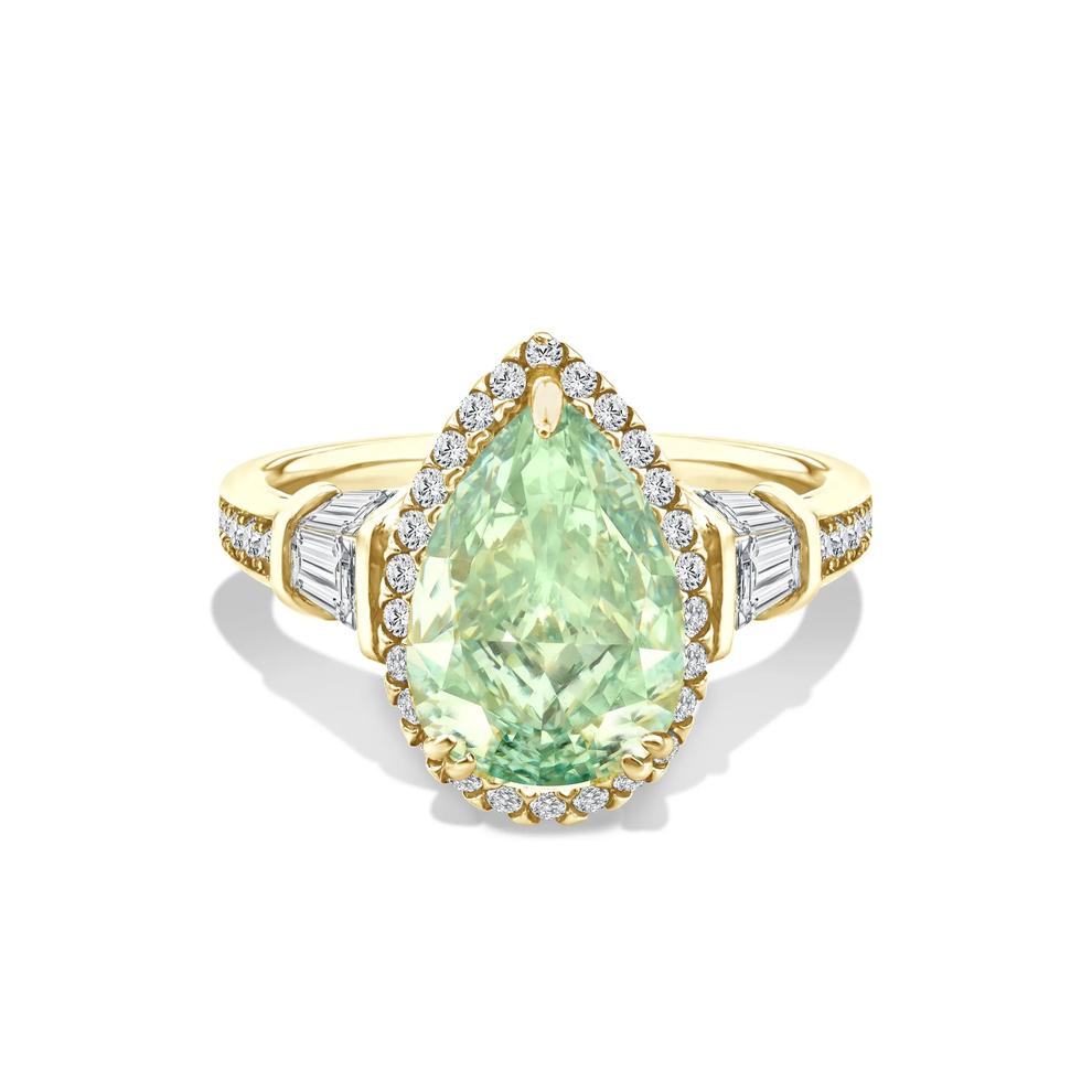 Lab Grown Diamond Green Pear Halo Engagement Ring in 14K Yellow Gold (5 1/3 ct. tw.) – Image 1 of 4