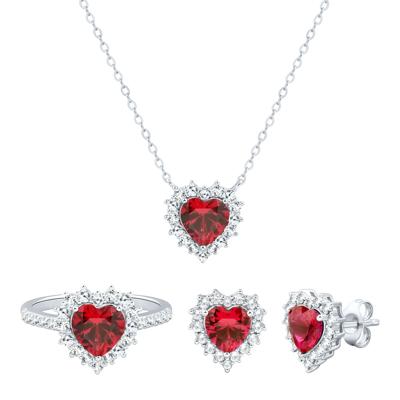 Lab-Created Ruby and Lab-Created White Sapphire Ring, Earring and Pendant Set in Sterling Silver