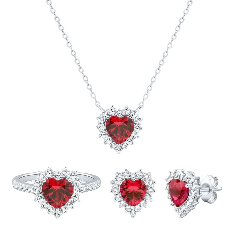 Lab-Created Ruby and Lab-Created White Sapphire Ring, Earring and Pendant Set in Sterling Silver – Image 1 of 9