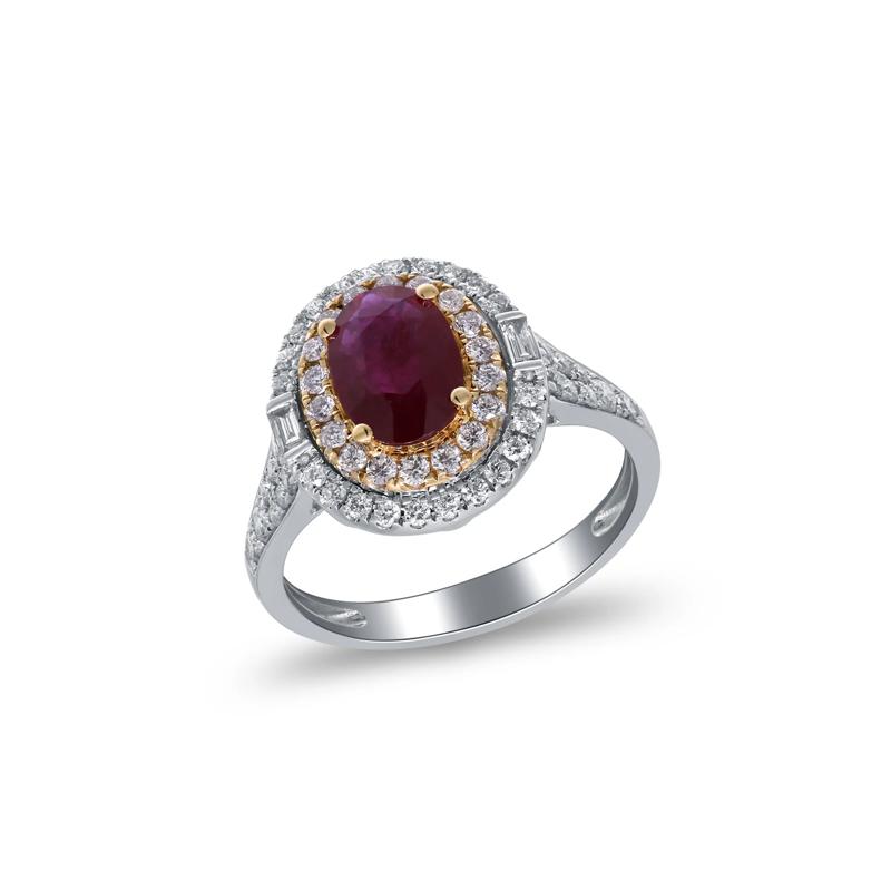Ruby and Diamond Double Halo Ring in 14K White and Yellow Gold &#40;5/8 ct. tw.&#41; – Image 4 of 5