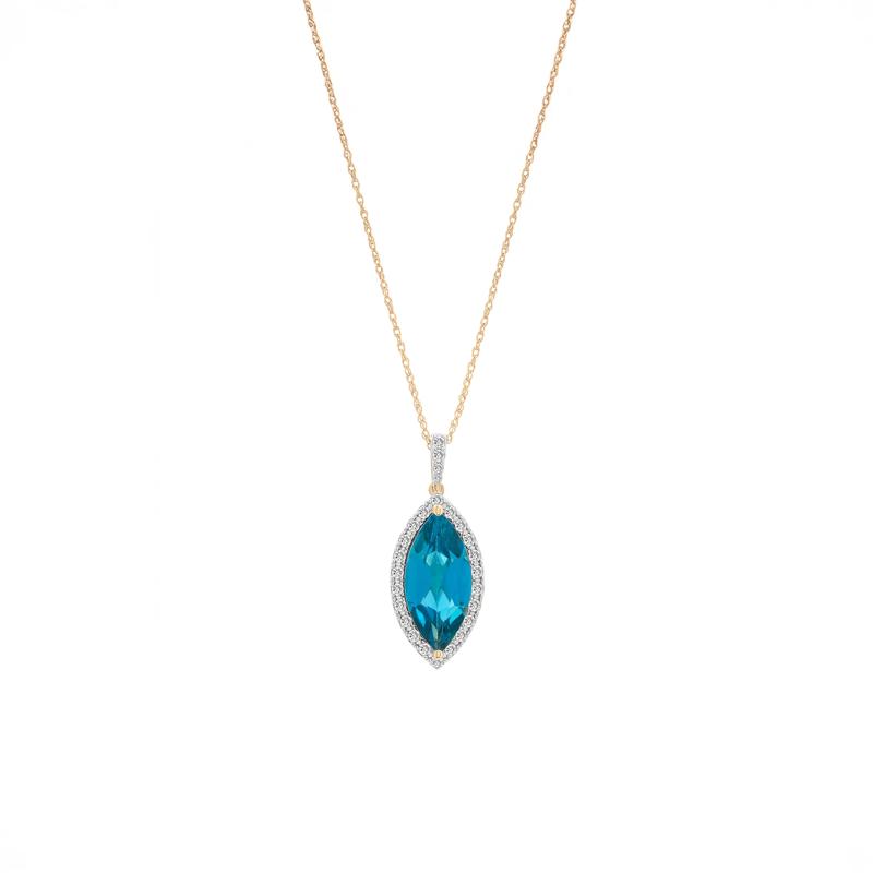 London Blue Topaz and Diamond Halo Pendant in 10K Yellow Gold &#40;1/4 ct. tw.&#41; – Image 1 of 4