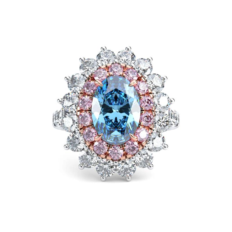 Lab Grown Diamond Oval-Shaped Blue, Pink and White Halo Engagement Ring in Platinum and 18K Rose Gold &#40;4 ct. tw.&#41; – Image 1 of 5
