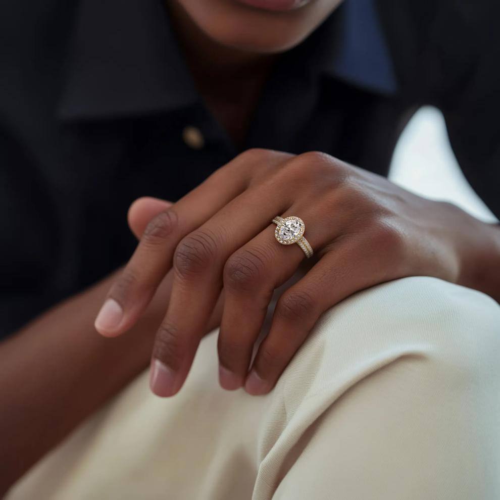 Lab Grown Diamond Oval Halo Engagement Ring in 14K Yellow Gold (2 ct. tw.) – Image 5 of 5