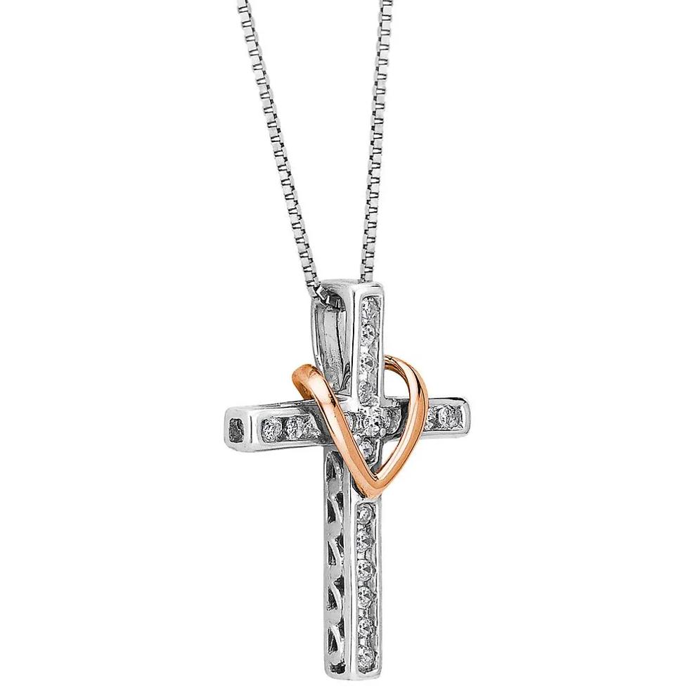 1/7 ct. tw. Diamond Cross Pendant in Sterling Silver &amp; 14K Rose Gold – Image 2 of 4