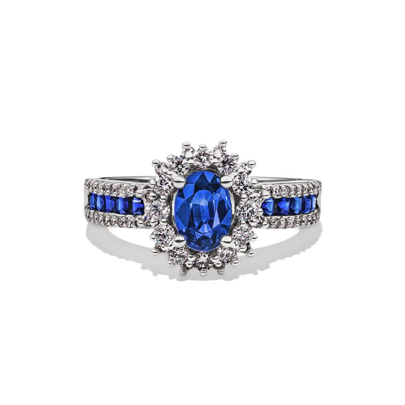 Blue Sapphire &amp; Diamond Halo Ring in 14K White Gold &#40;1/2 ct. tw.&#41; – Image 1 of 4