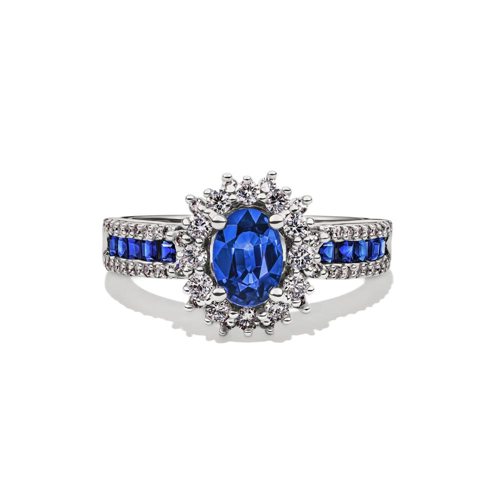 Blue Sapphire &amp; Diamond Halo Ring in 14K White Gold (1/2 ct. tw.) – Image 1 of 4