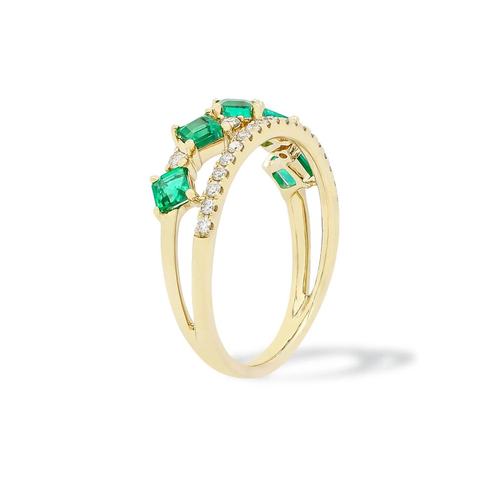 Square Emerald &amp; Round Diamond Double-Row Band Ring in 10K Yellow Gold (1/5 ct. tw.) – Image 3 of 3