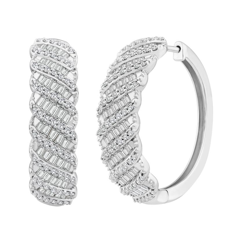 Round and Baguette Diamond Hoop Earrings in 10K White Gold &#40;1 1/2 ct. tw.&#41; – Image 1 of 2