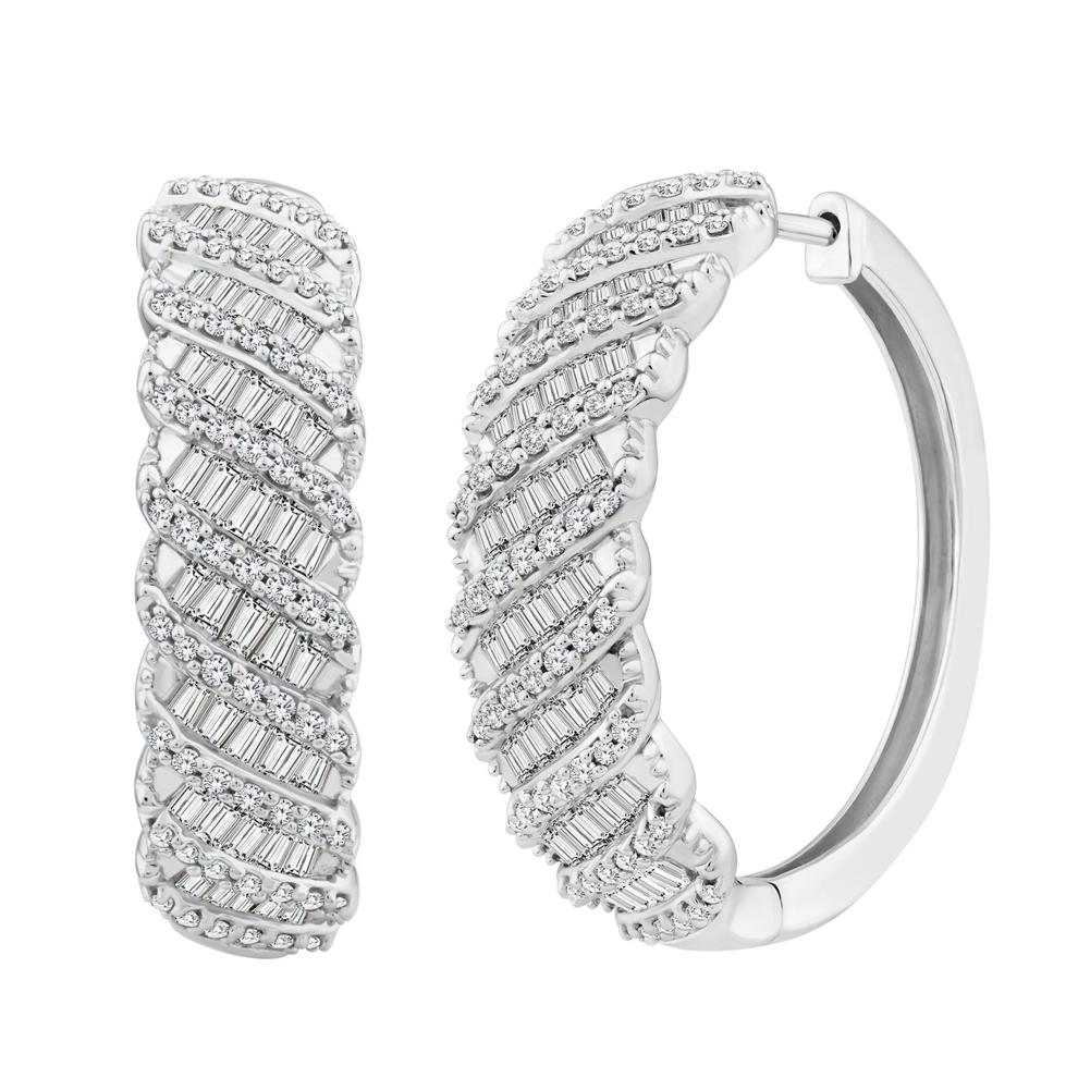 Round and Baguette Diamond Hoop Earrings in 10K White Gold (1 1/2 ct. tw.) – Image 1 of 2