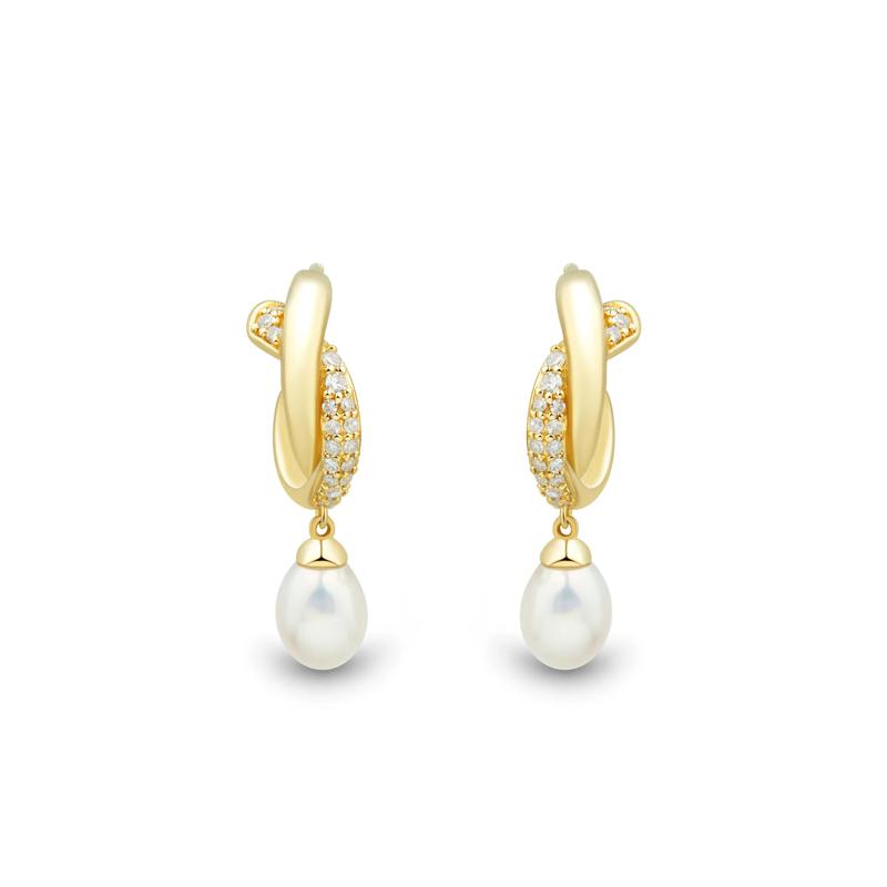 Freshwater Cultured Pearl and Diamond Earrings in 10K Yellow Gold &#40;1/7 ct. tw.&#41; – Image 2 of 2
