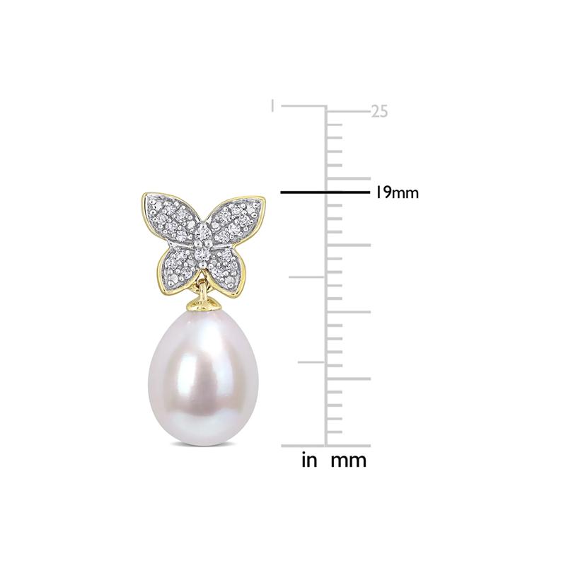Cultured Freshwater Pearl Earrings with Diamond Butterflies in 10K Yellow Gold &#40;1/8 ct. tw.&#41; – Image 2 of 4