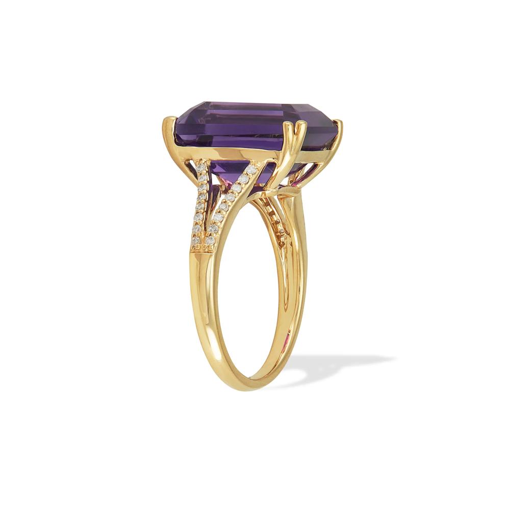 Emerald-Cut Amethyst &amp; Diamond Ring in 10K Yellow Gold (1/8 ct. tw.) – Image 3 of 4