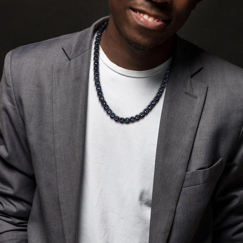 Men&#39;s Black Freshwater Cultured Pearl Strand Necklace in Sterling Silver – Image 5 of 5