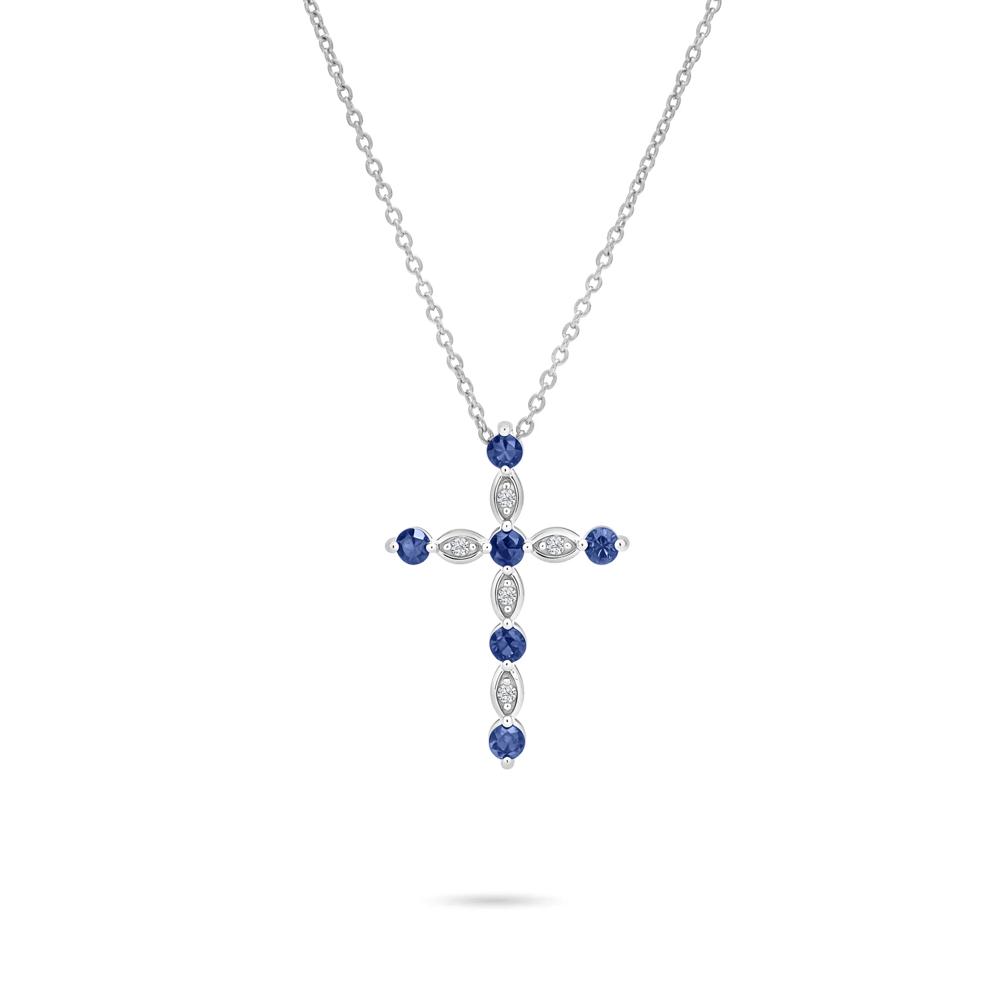Blue Sapphire &amp; Diamond Accent Cross Pendant in Sterling Silver – Image 1 of 4