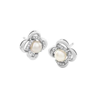 Freshwater Cultured Pearl & Diamond Accent Clover Stud Earrings in Sterling Silver