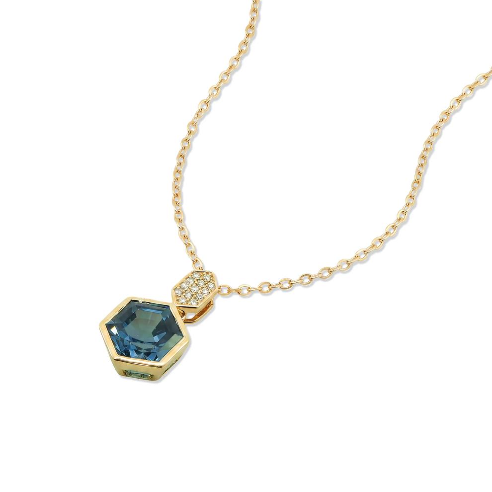 London Blue Topaz &amp; Diamond Accent Hexagon-Shaped Pendant Necklace in 10K Yellow Gold – Image 4 of 4
