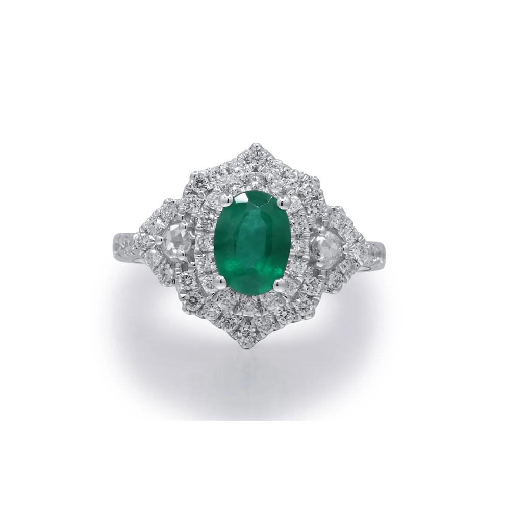 Emerald and Diamond Ornate Ring in 14K White Gold (5/8 ct. tw.) – Image 1 of 5