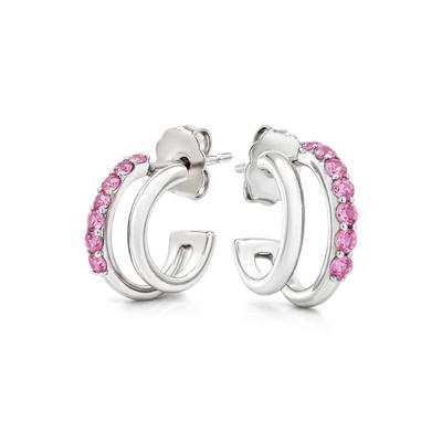 Lab-Created Pink Sapphire Double Row Huggie Hoop Earrings in Sterling Silver