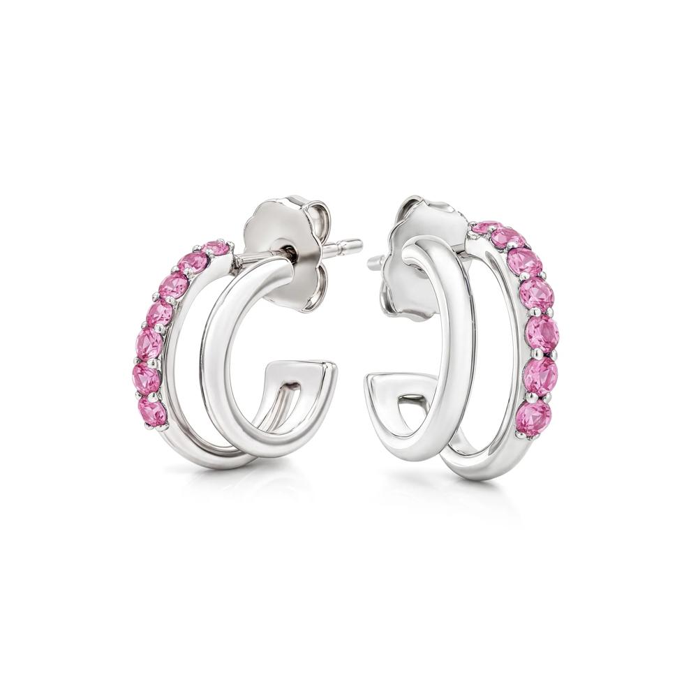 Lab-Created Pink Sapphire Double Row Huggie Hoop Earrings in Sterling Silver – Image 1 of 2