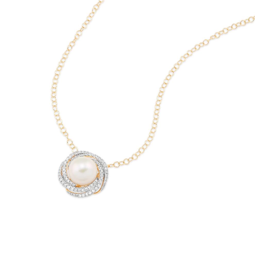 Freshwater Cultured Pearl &amp; Diamond Pendant Necklace in 14K Yellow Gold (5/8 ct. tw.) – Image 3 of 4